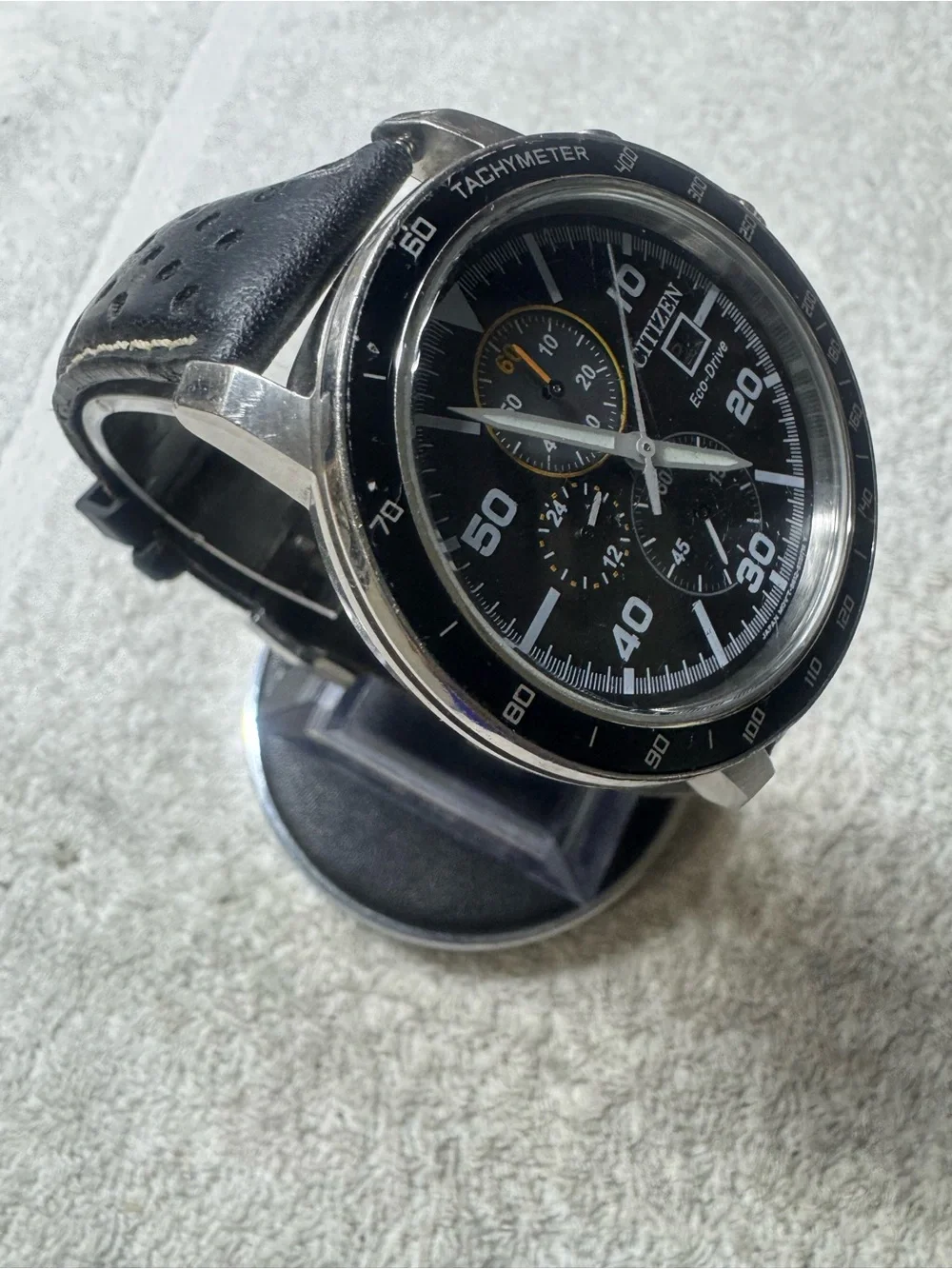 Citizen Black Dial Men's Chronograph Eco-Drive Watch with Yellow Accents